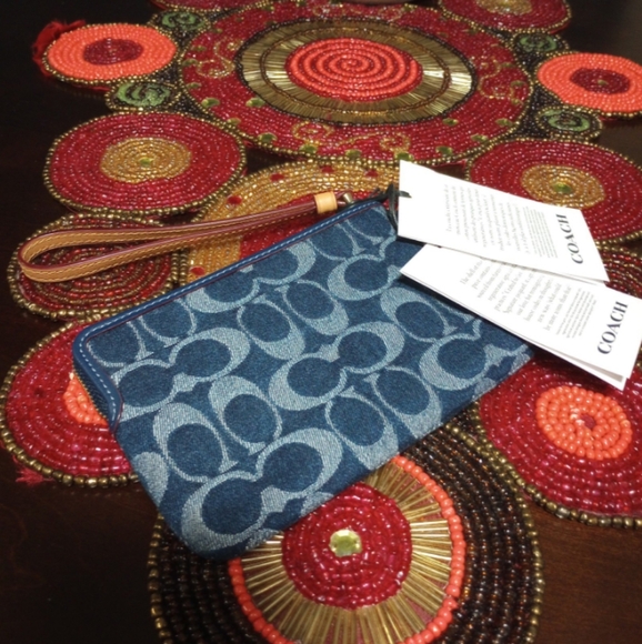 Coach Denim Corner Zip Wristlet With Cherry Charm - Picture 5 of 16